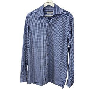 Ermenegildo Zegna Mens Long Sleeve Button Down Shirt, Check Print, Blue, Size M
